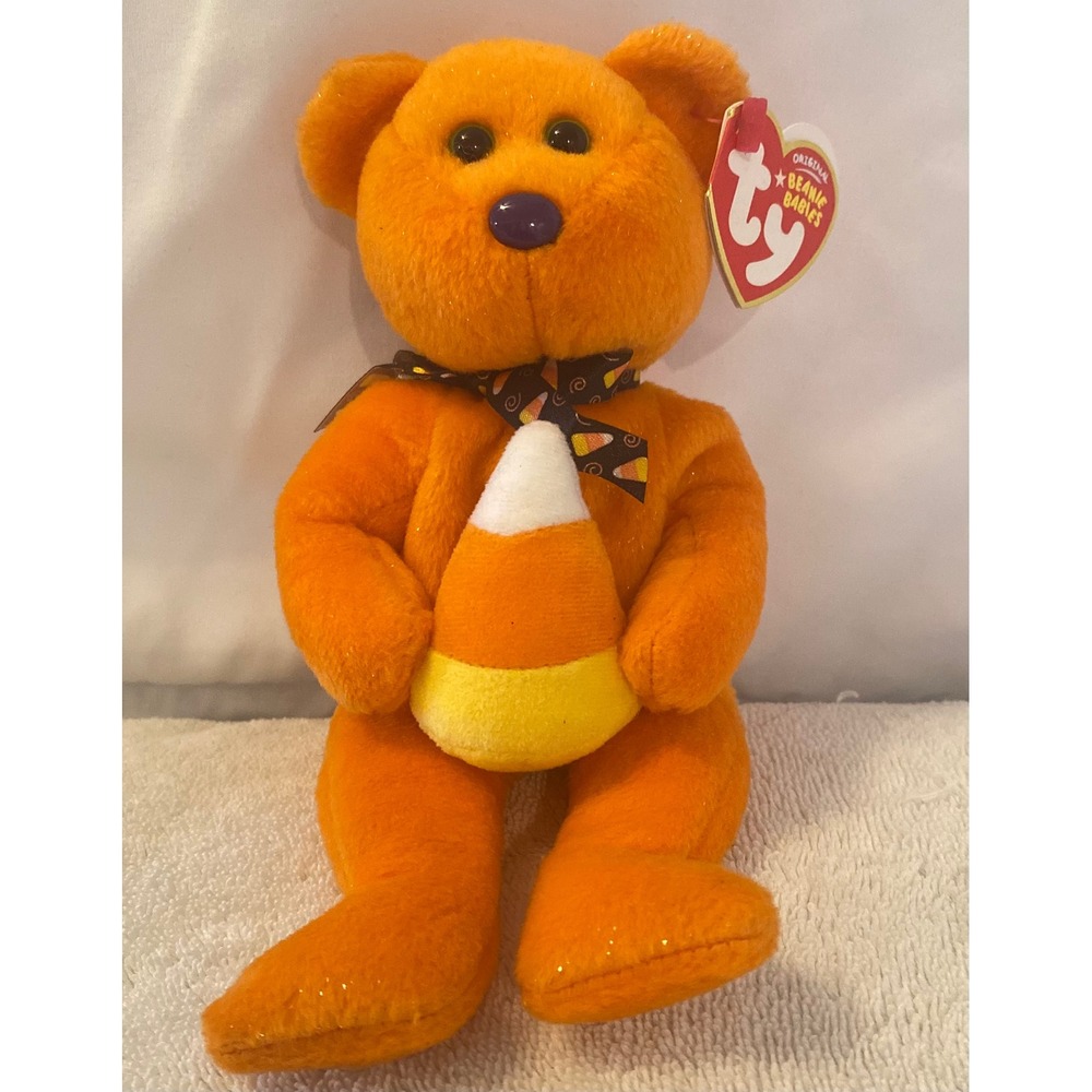 Ty Beanie Babies Treator Halloween Orange Bear Candy Corn Plush 2007 With Tags